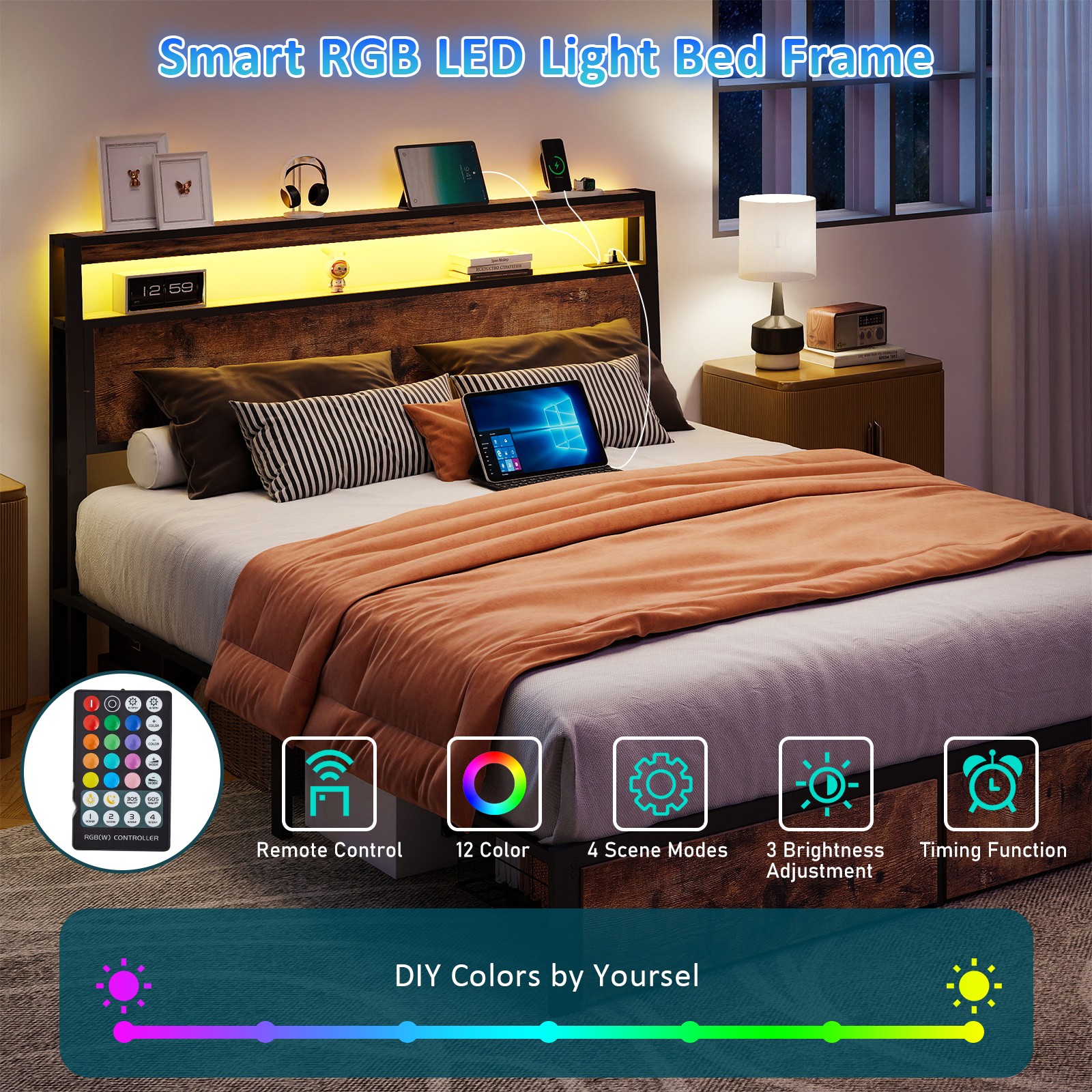 Queen Full Size Bed Frame with Storage Headboard &Charging Station＆ LED Lights