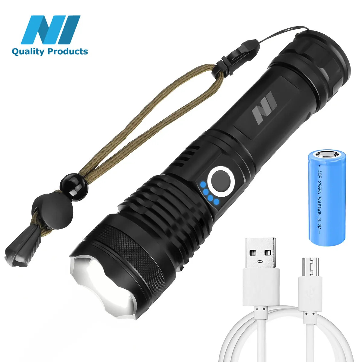 Flashlight LED Aluminum Zoomable 1200 Lumens, 26650 lithium Rechargeable Battery