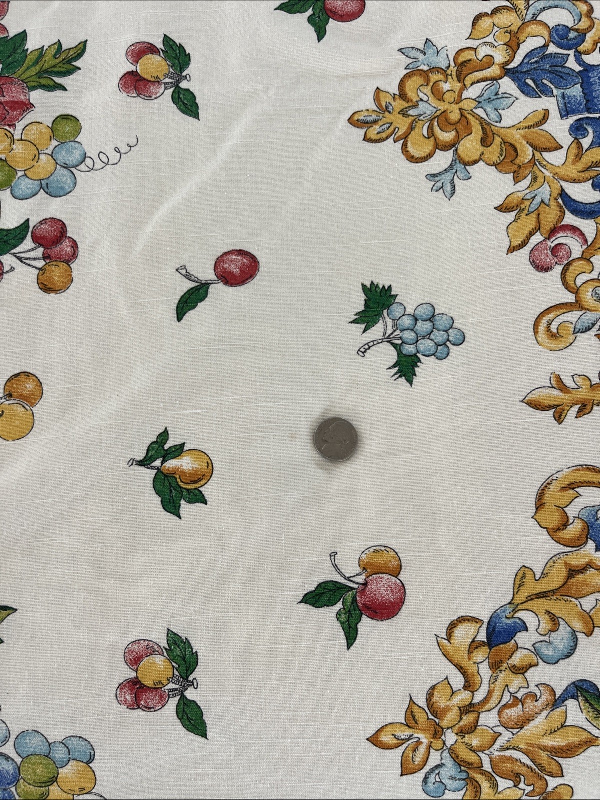 Renaissance-style Rectangular TABLECLOTH SCROLL & FRUITS 60x 78”