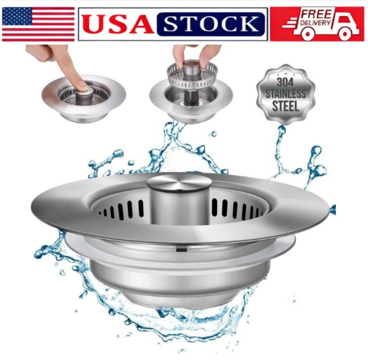 3-in-1 Kitchen Sink Drain Kit Strainer Stopper & Drain Assembly Stainless Steel
