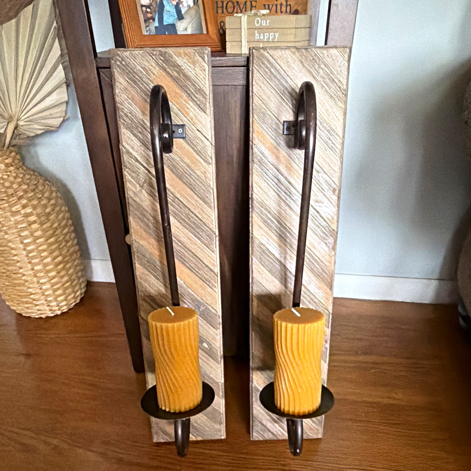 Set of 2 Rustic Wall Mounted Wood & Metal Sconce Holders for Pillar Candle