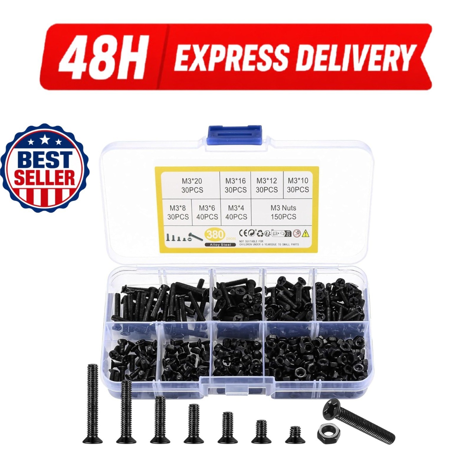 M3 Flat Head Machine Screws & Hex Nuts Kit, 380 Pcs, Black Phillips