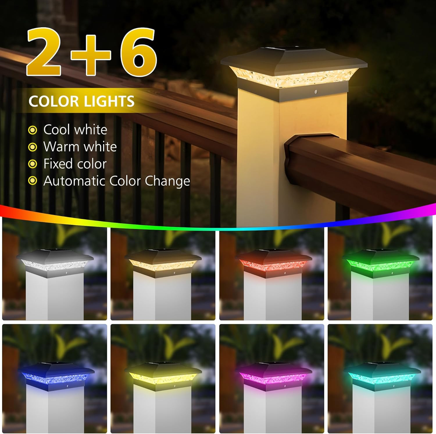 T-SUN Solar Post Cap Lights with Auto-Change Colors- for Vinyl/Wooden Posts IP65