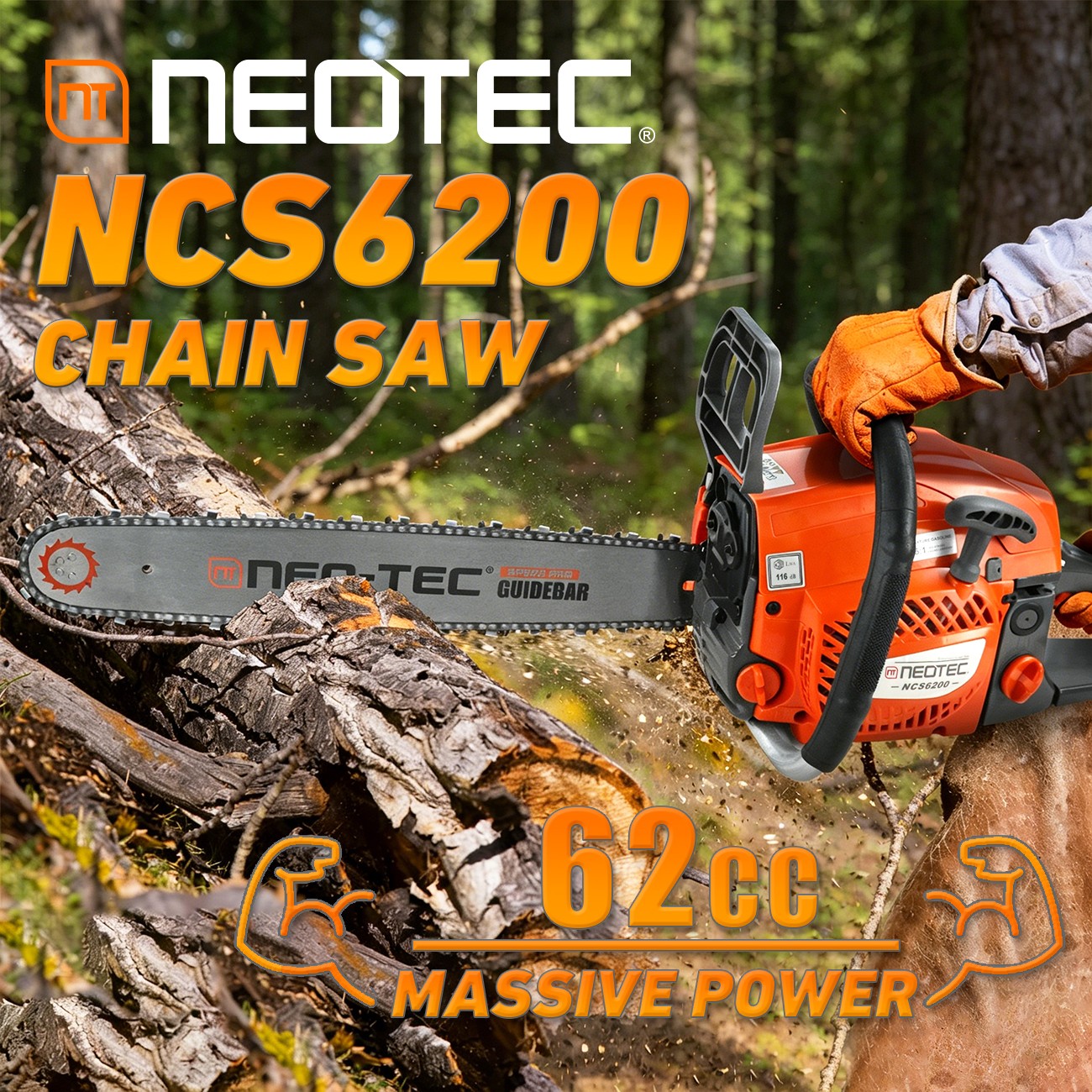 62cc Gas Powered Chainsaw with 20” Guide Bar Saw Chain 2-Stroke Engine Cut Wood