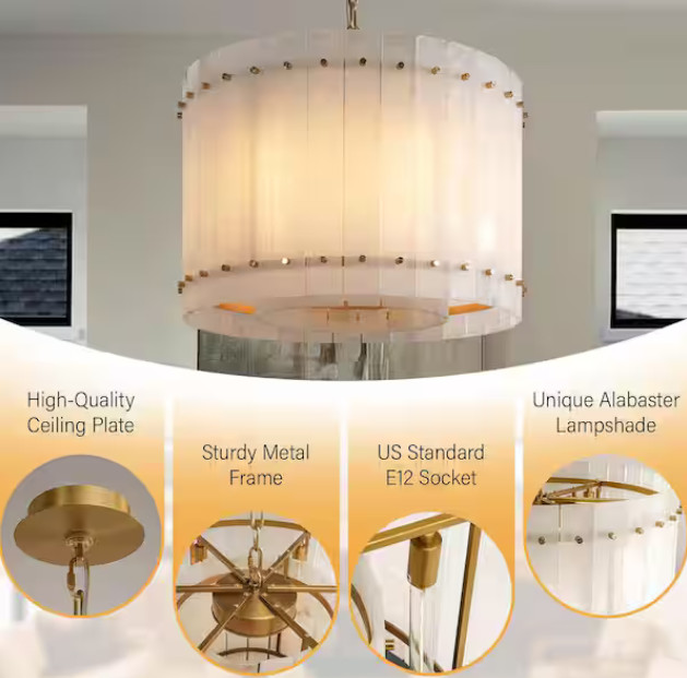 YUYI 22 in. 6-Light White Alabaster Chandelier, Modern Round Natural Marble Chan