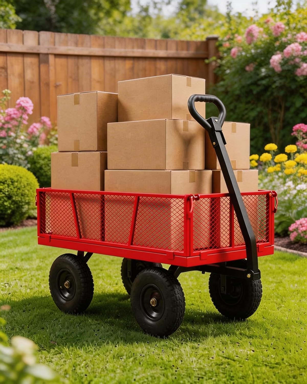 400 LBS Capacity Steel Utility Wagon with 10″ All-Terrain RED Cart, Garden