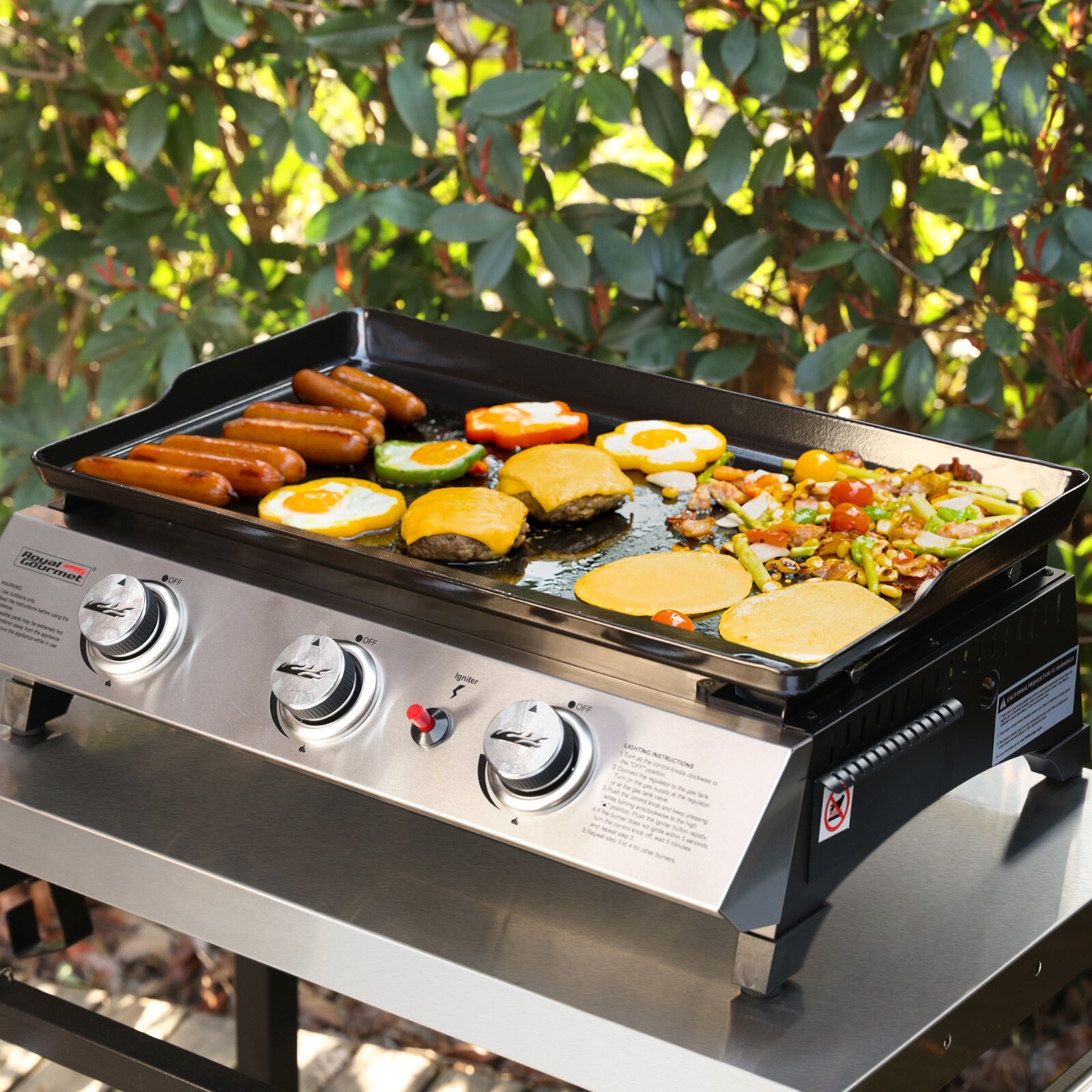 Royal Gourmet 3-Burner Tabletop Griddle Portable Gas Grill for Outdoor Camping
