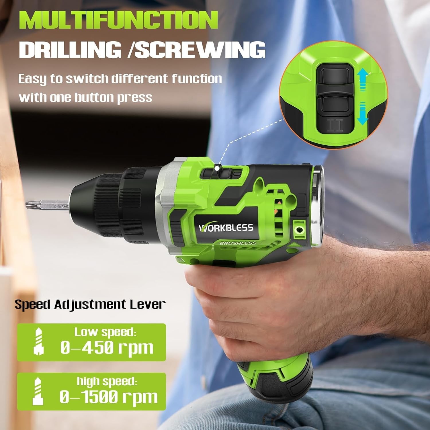 WORKBLESS 12V Cordless Power Drill Set w/ LCD Smart Display 18pc Drill Bits NEW
