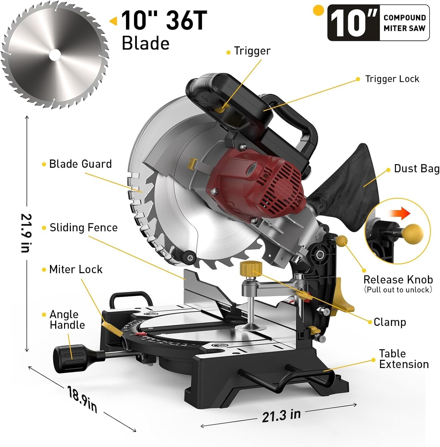 10-Inch Single Bevel Compound Miter Saw, 15-Amp Power Saw with Extension Table