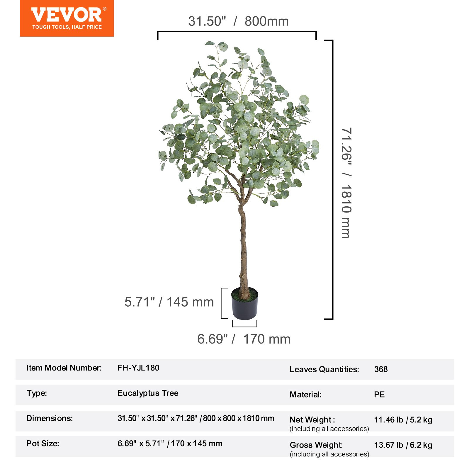 VEVOR Artificial Eucalyptus Tree, 6 FT Tall Faux Plant, Secure PE Material & Ant