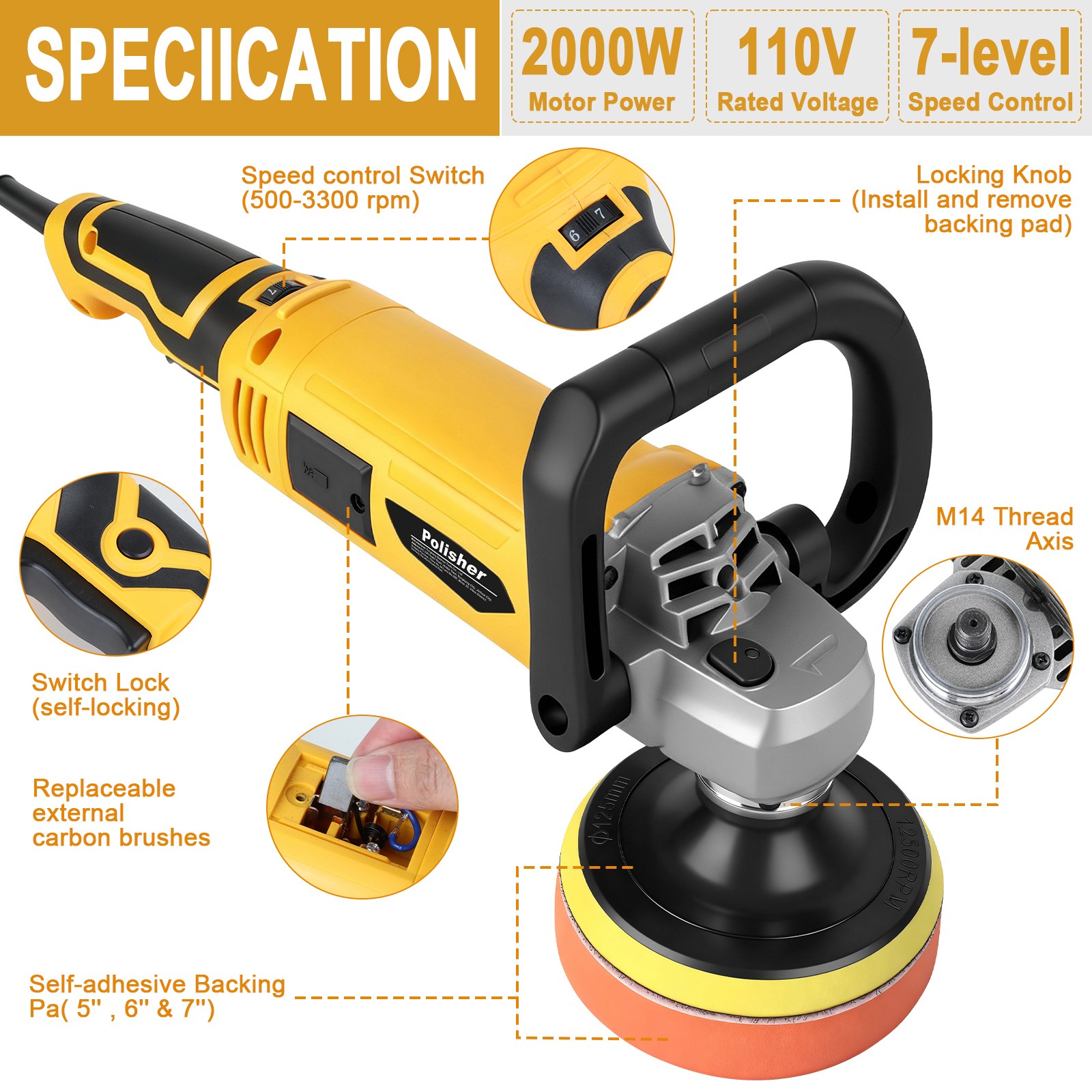 ✅7 Speed Car Buffer Polisher Waxer Rotary 5″+ 6″ Backing Plate Polishing Machine