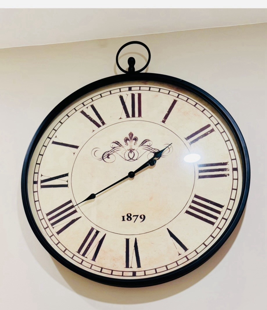 Round Hanging Wall Clock, Analog Roman Numerals, Black Frame Beige “1879”
