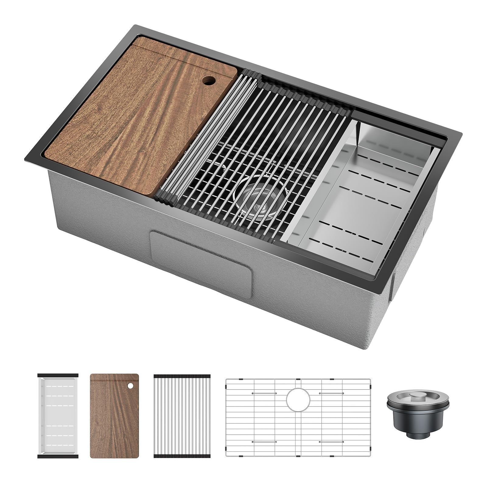 Undermount Kitchen Sink ,32x19x10″ Stainless Steel Single Bowl Sink Workstation