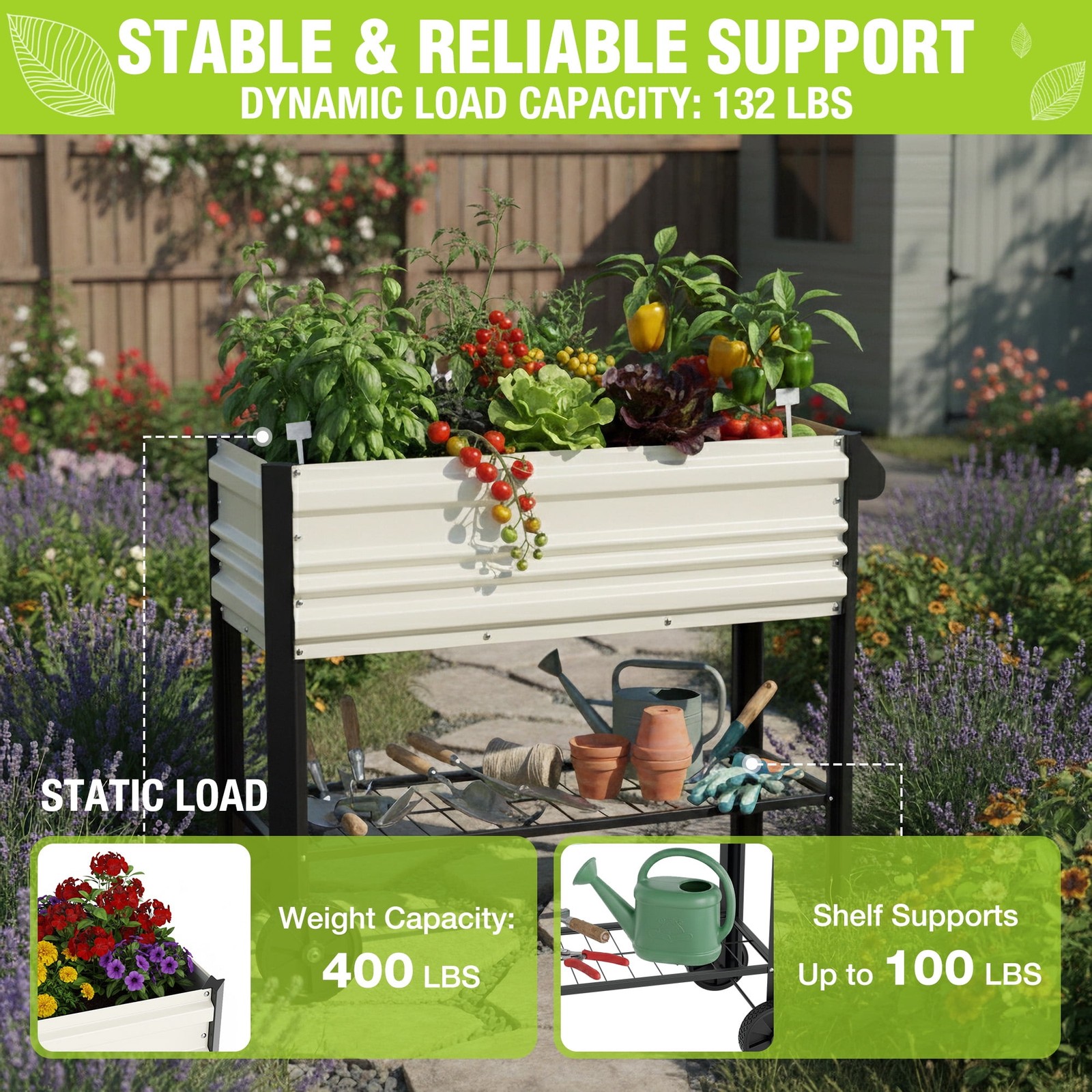 WORKPRO 37in Outdoor Galvanized Raised Garden Bed with Legs and Wheels, White,