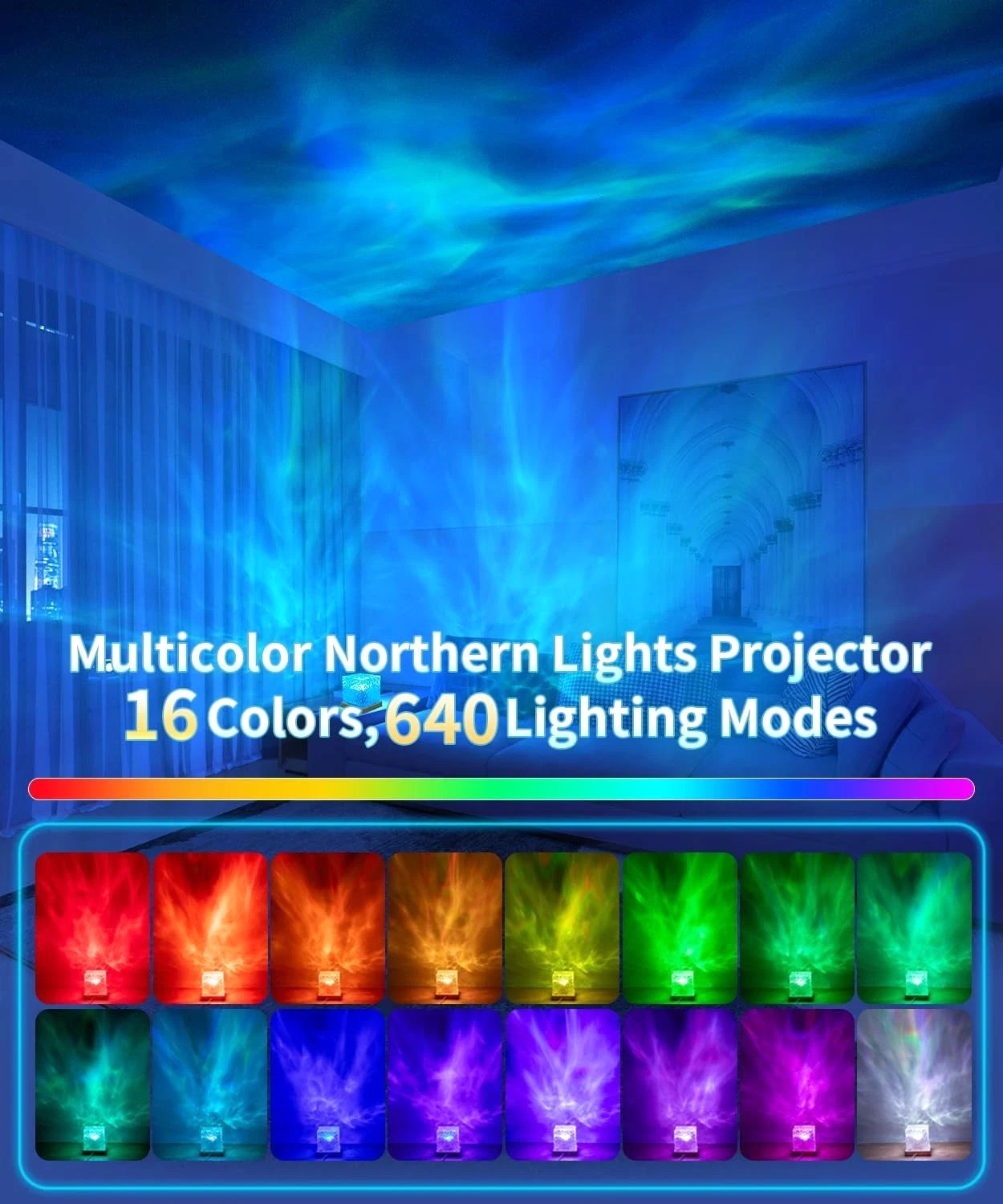 Northern Lights Projector Galaxy Lamp 16 Color LED Mood Light Remote Ocean Wave