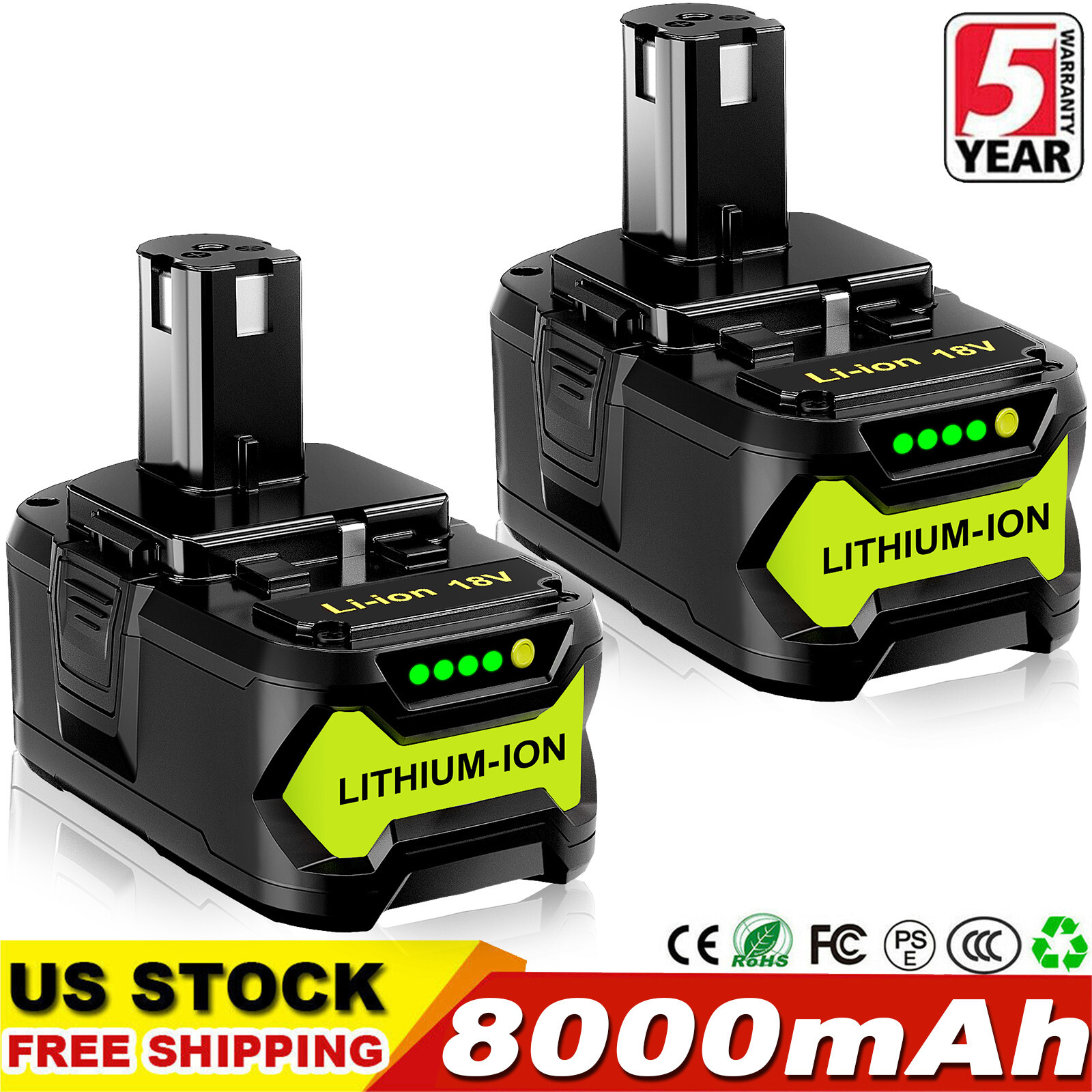2pack For RYOBI 18 Volt 8.0Ah High Capacity Lithium Battery One+ Plus P108 P102