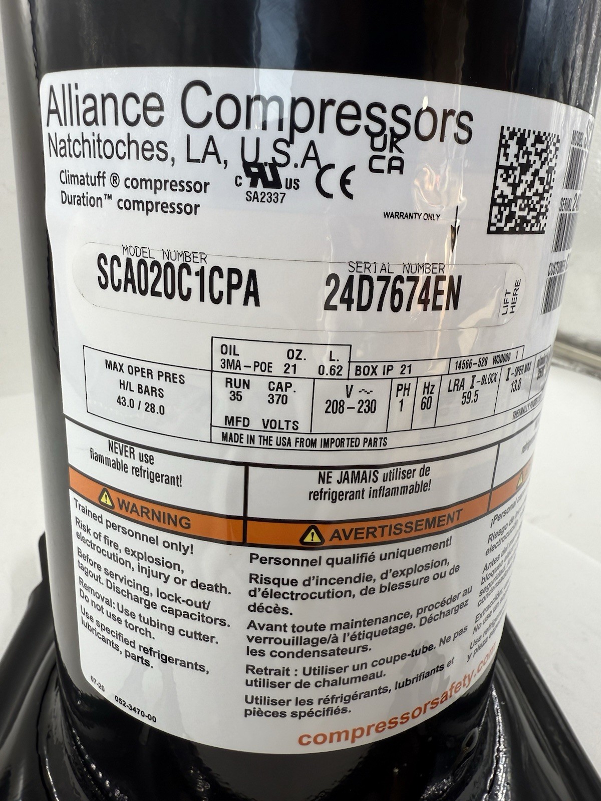 NEW Trane Alliance Compressor SCA020C1CPA COM13740 208-230V 1PH R410A 2 TON