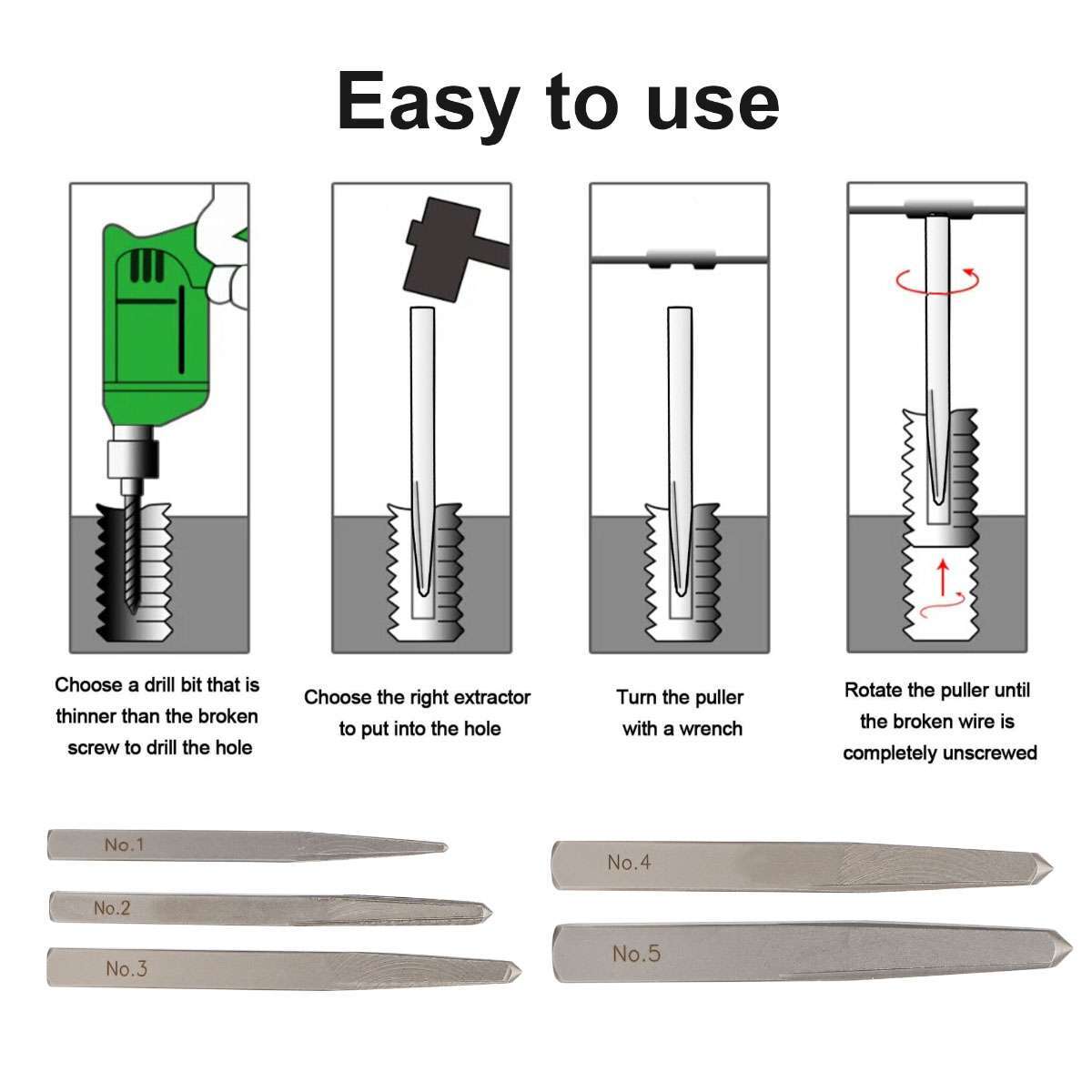 5 Pcs/ Set Straight Fluted Screw Extractor Drill Square Easy Out Extraction Tool