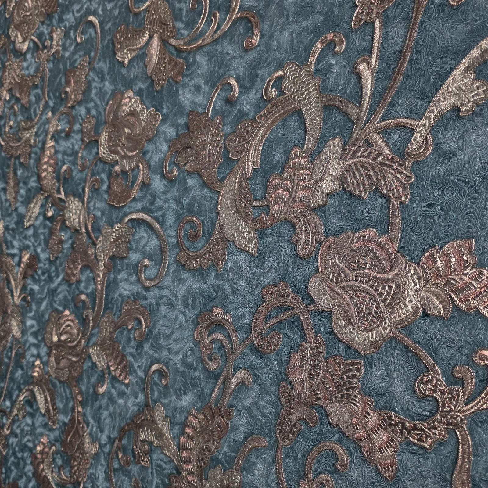 Dark Teal green blue bronze metallic plaster textured floral damask Wallpaper 3D