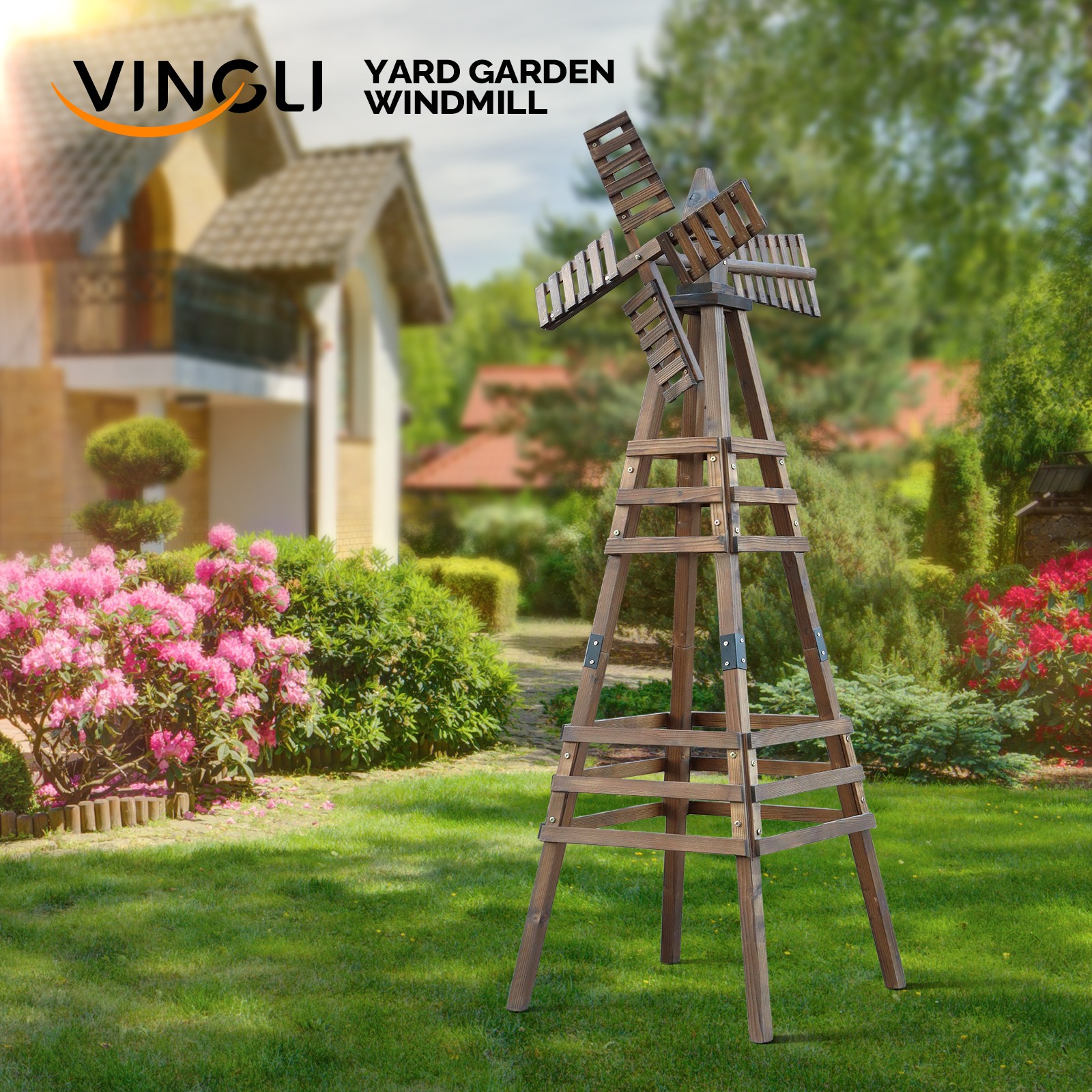 6FT Wood Windmill Backyard Garden Decoration Weathervane Freestanding, Brown