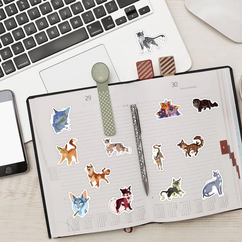 60PCS Warriors Cat Stickers for Kids Teens Adults, Cartoon Kids Stickers for Wat