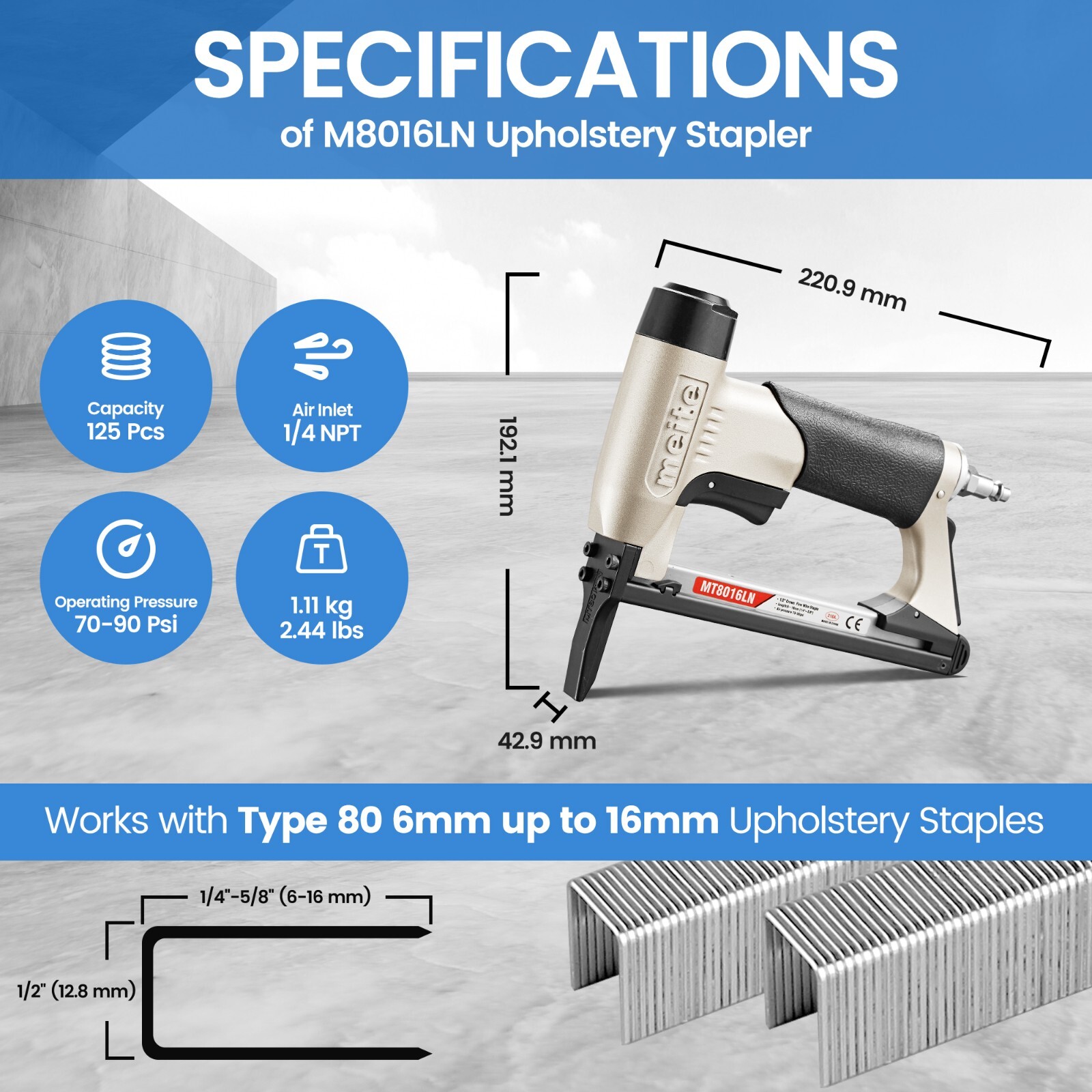 meite MT8016LN 21Ga 1/2″ Crown Fine Wire Stapler Long Muzzle With 10,000 Staples