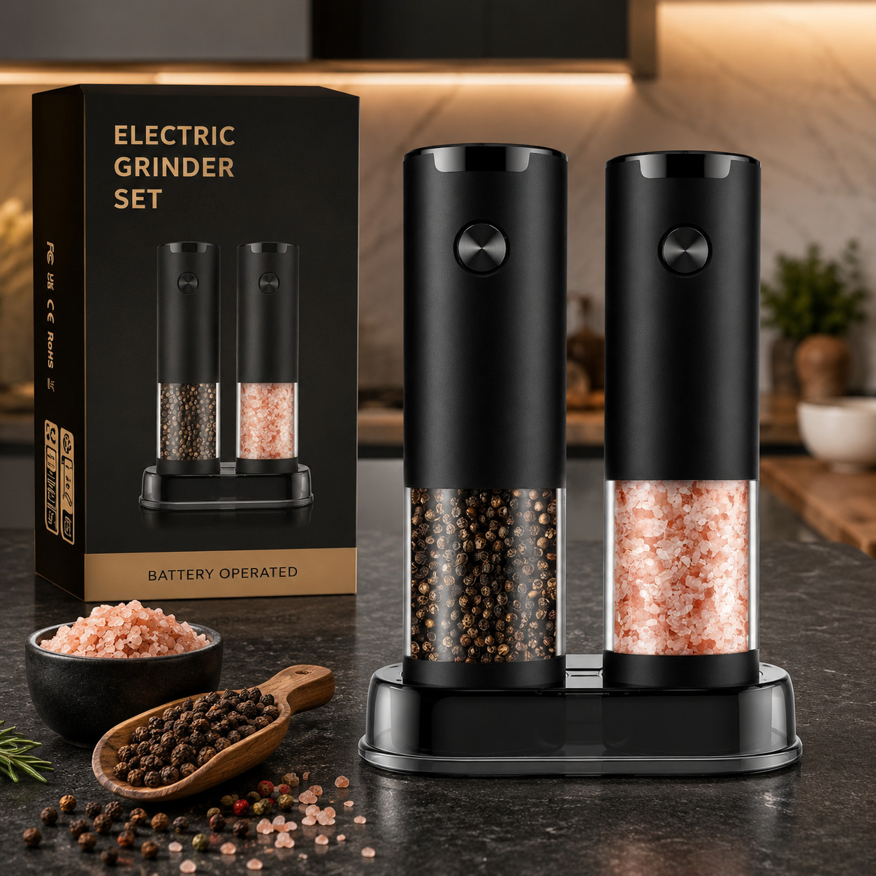 Electric Salt and Pepper Grinder Set Automatic Adjustable Mill 2 Pack Gift