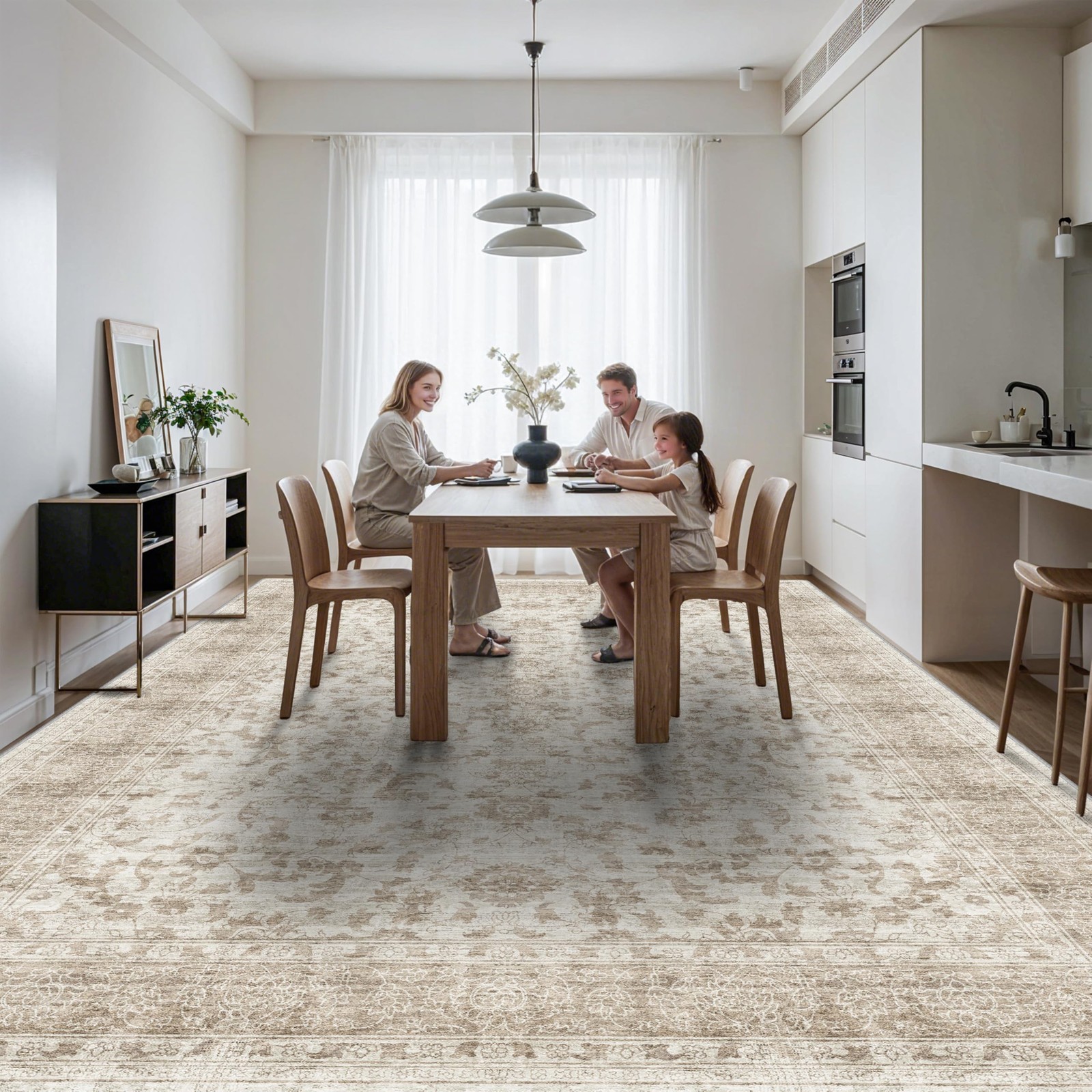 Machine Washable Area Rug 12×15 Non Slip Rubber Backing Beige Brown Ultra Large