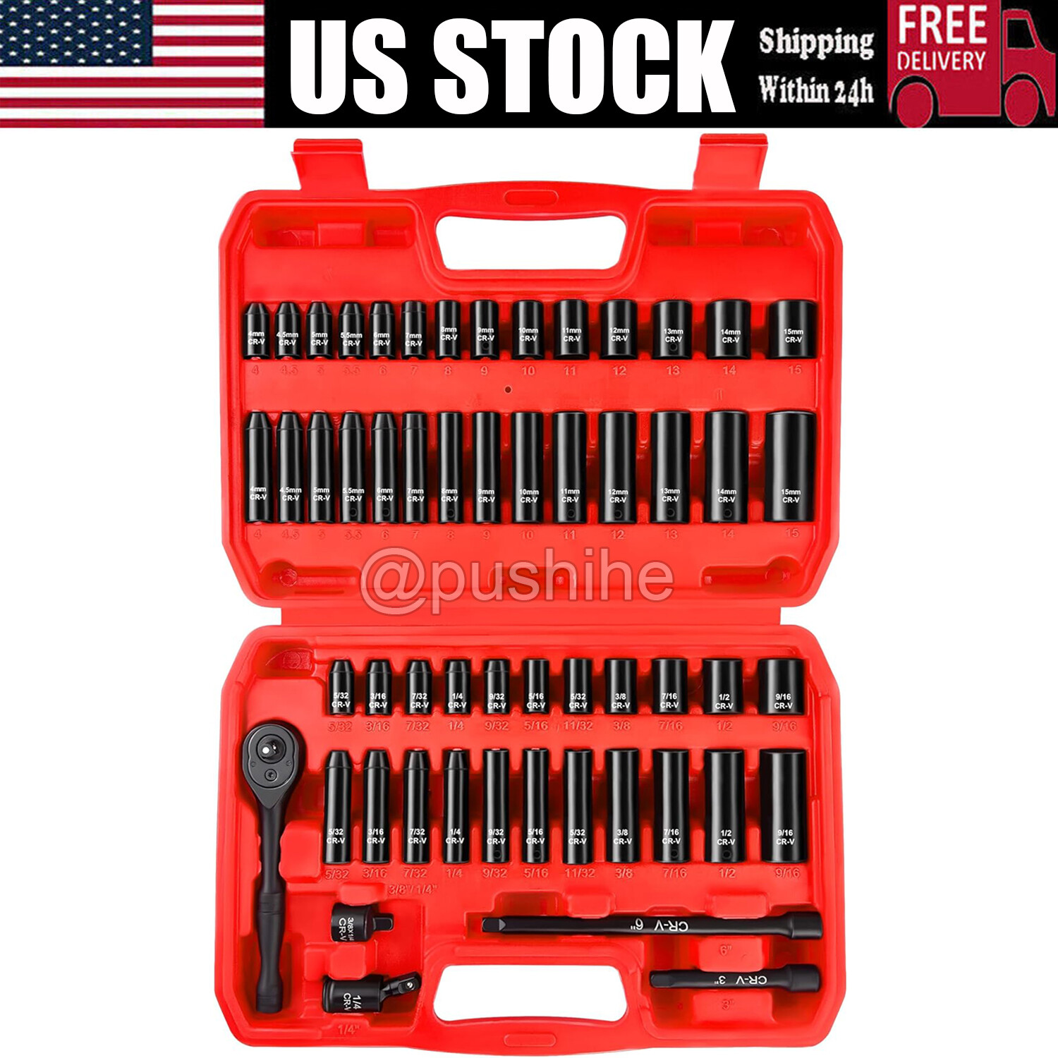 55pcs 1/4″ Drive Impact Socket Set SAE & Metric Deep Shallow Sockets Wrench Set