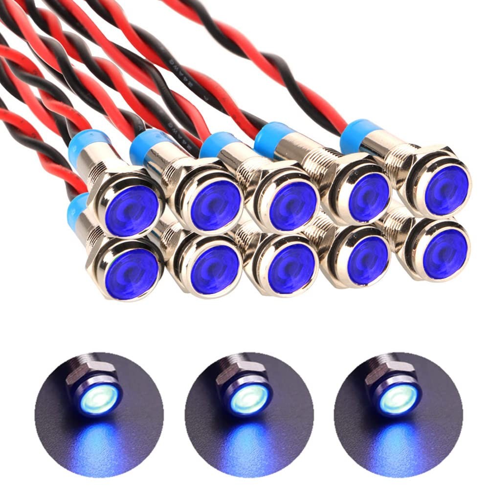 10pcs 6mm Waterproof Wired LED Indicator Light Blue AC/DC 12-24V