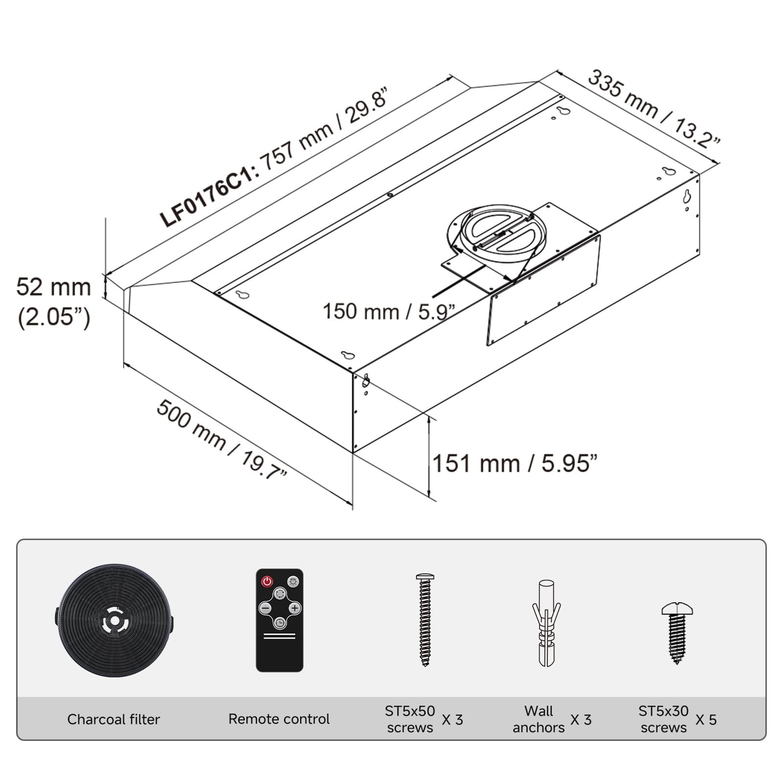 AMZCHEF 30in Under Cabinet Range Hood 750CFM Stainless Steel 3 Speed LED