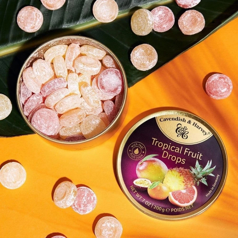 Cavendish & Harvey 7 oz TROPICAL FRUIT Drops Hard Candy in Metal Tin *BB 7/2028*