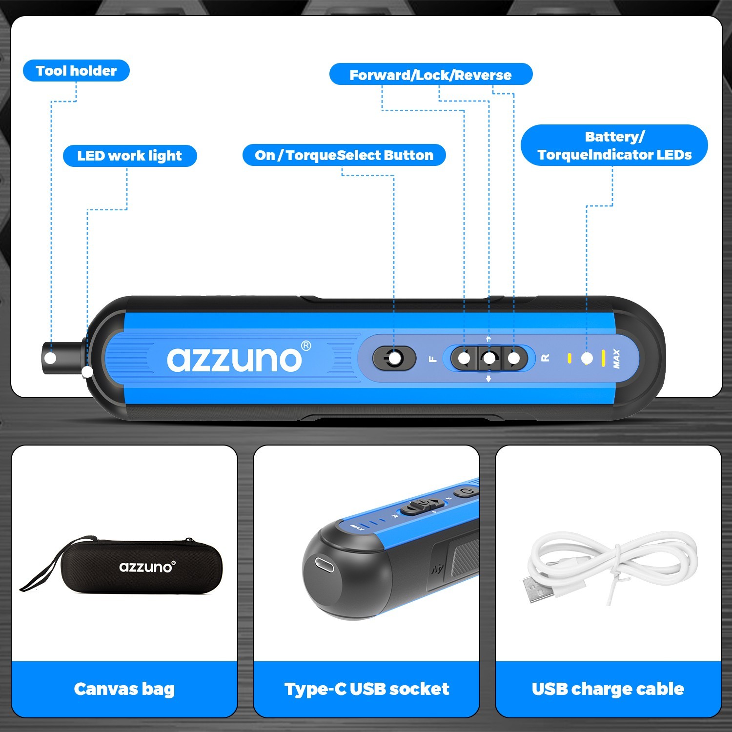 AZZUNO 4V Cordless Electric Screwdriver Set w/25 Bits and USB Cable LED Light