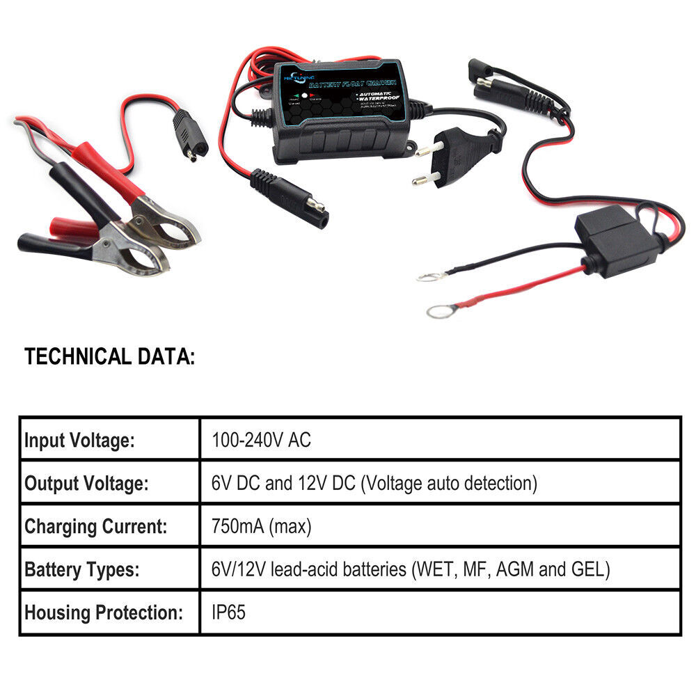 6V/12V 1A Smart Battery Charger, Charger and Maintainer For Car SUV Motorcycles