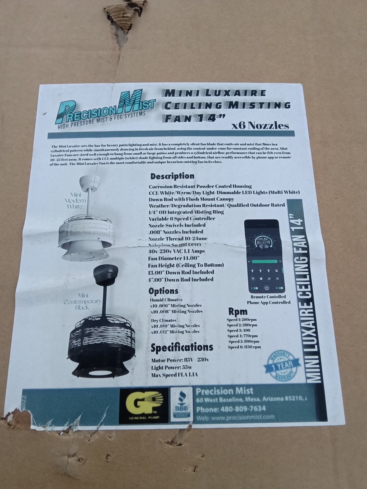 Precision Mist Mini Luxaire 14in Black Misting Ceiling Fan LED 6 Speed