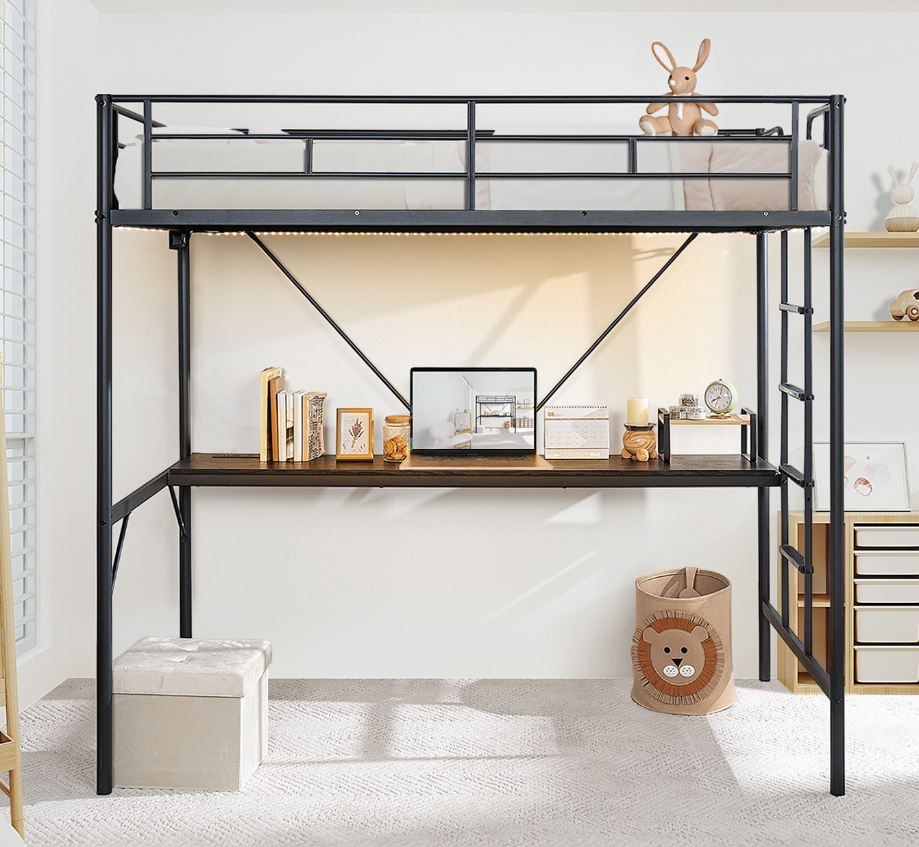 Twin Size Metal Loft Bunk Bed Frame for Kids Teens Adults with Desk Underneath