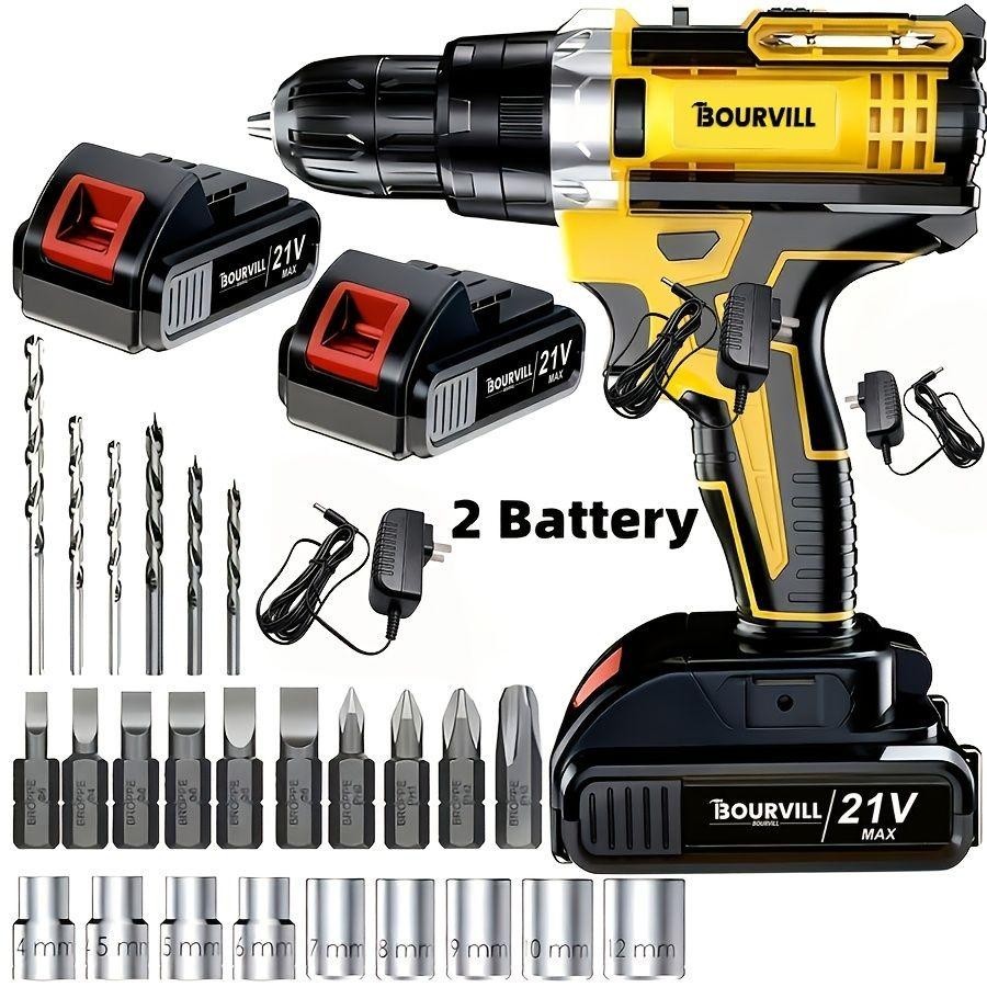 BOURVILL 21V Cordless Impact Drill Set, Wireless Drill Set, Household Power Tool