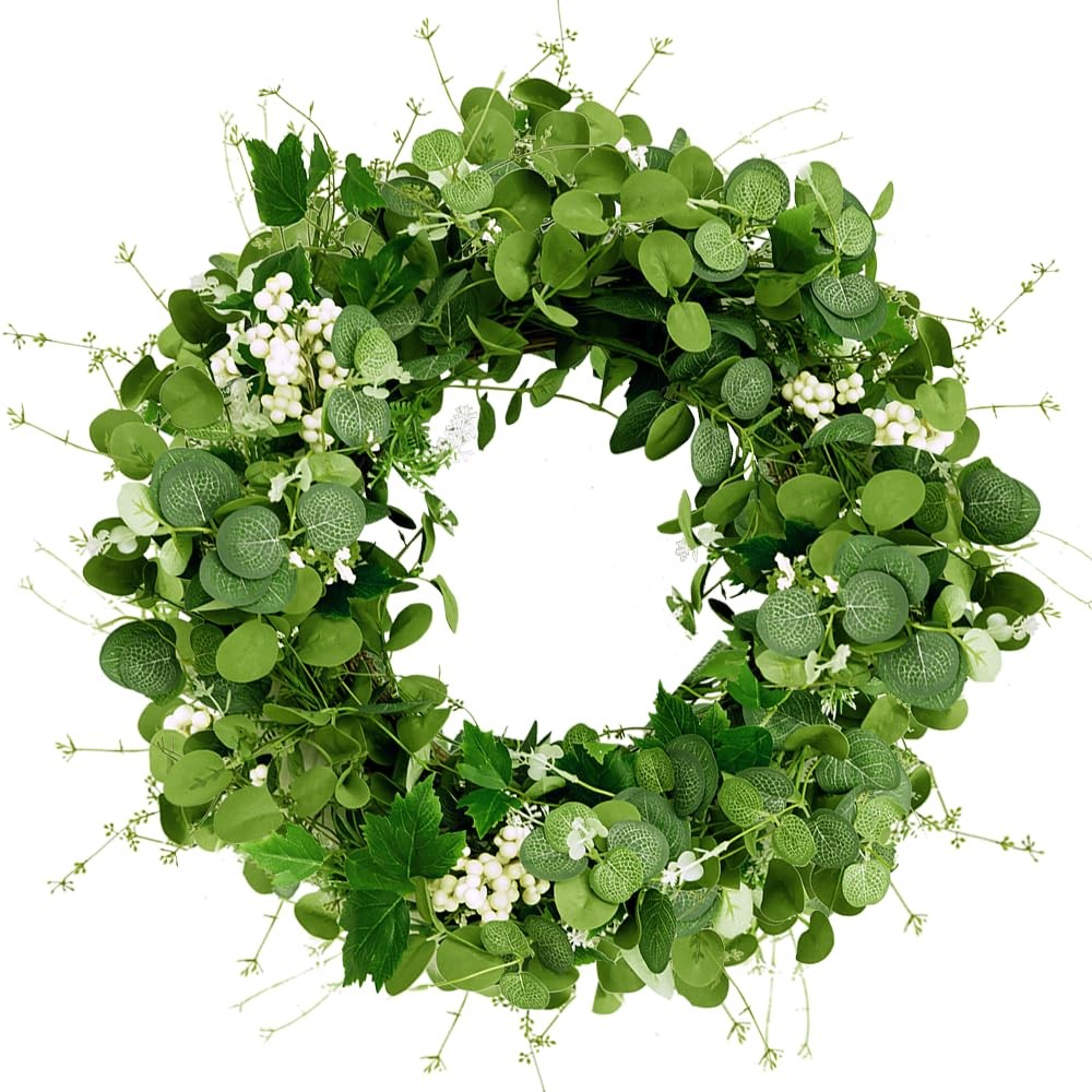 Eucalyptus Wreath 24 Inch, Spring Summer Wreaths for Front Door Outside with Whi