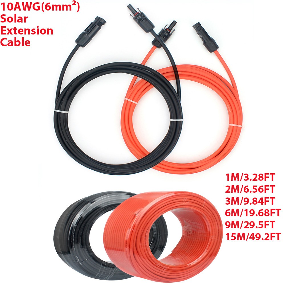 10AWG Black+Red Solar Panel Extension Cable 6.6FT-20FT Female & Male Connectors