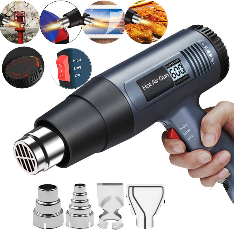 Heat Gun Electric Hot Air Gun Dual Temperature LCD Display 4 Nozzles Tool 2000W