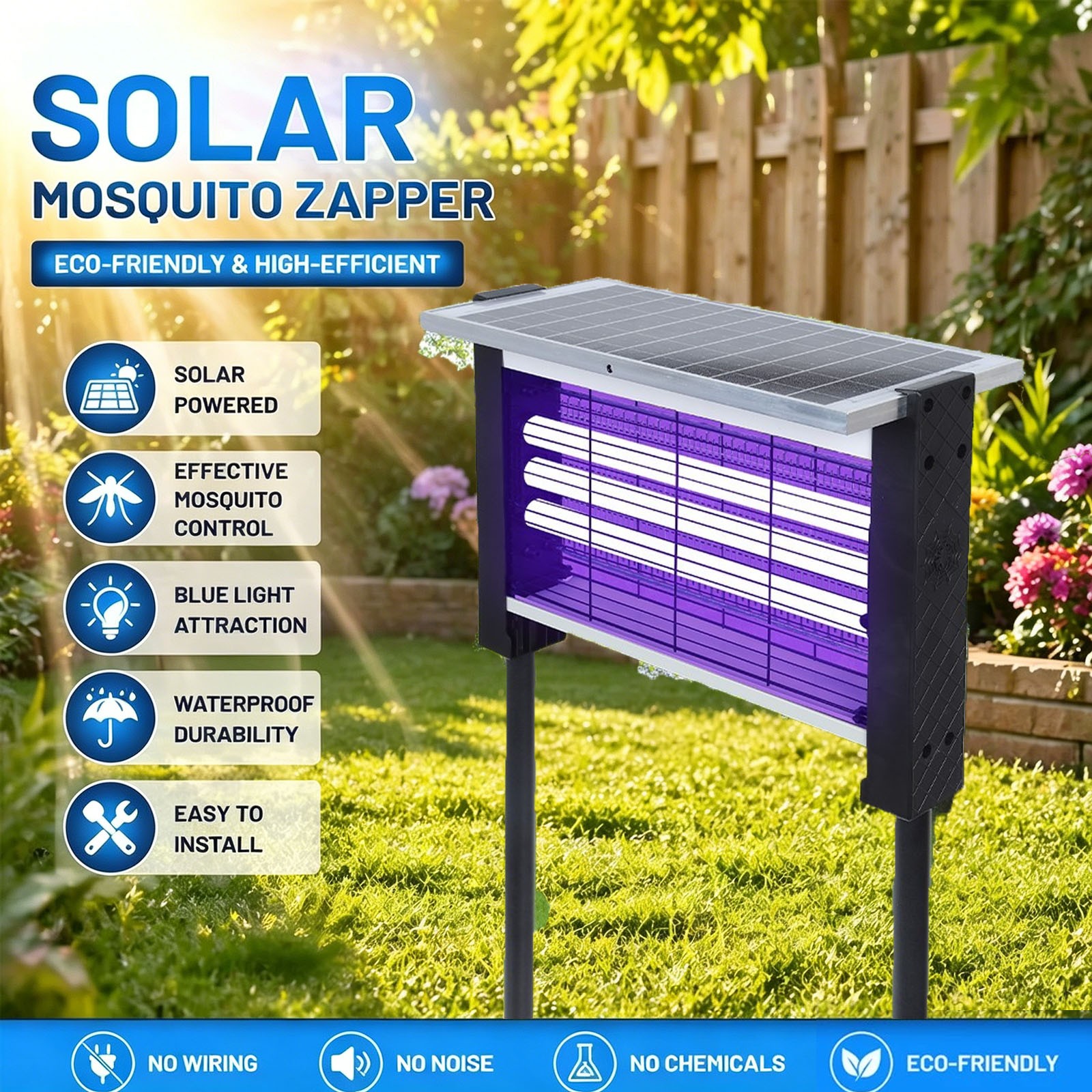 Solar Bug Zapper Outdoor Mosquito Zapper 4500V Waterproof Rechargeable Fly Trap