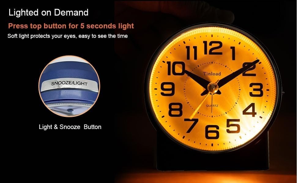 Tinload 4.3″ Silent Analog Alarm Clock No Ticking Big Numbers Blue Circle
