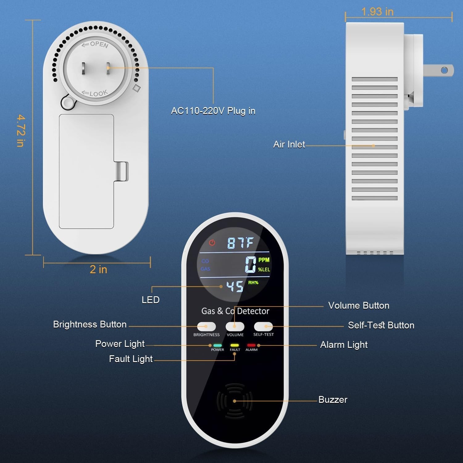 5 in 1 Carbon Monoxide Temp Humidity & Gas Detector Alarm KH168 Plug In 2PC