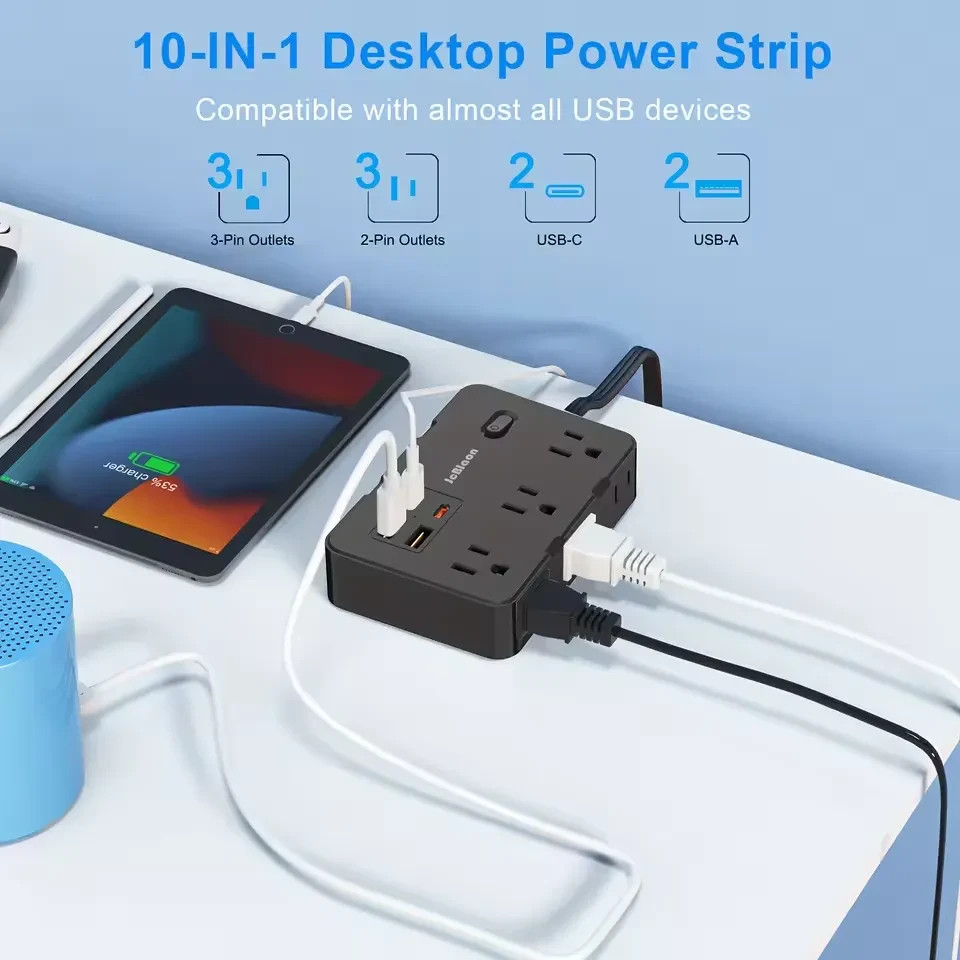 10-in-1 Multi Outlet Wall Mountable 5ft USB Surge Protector Power Strip Black