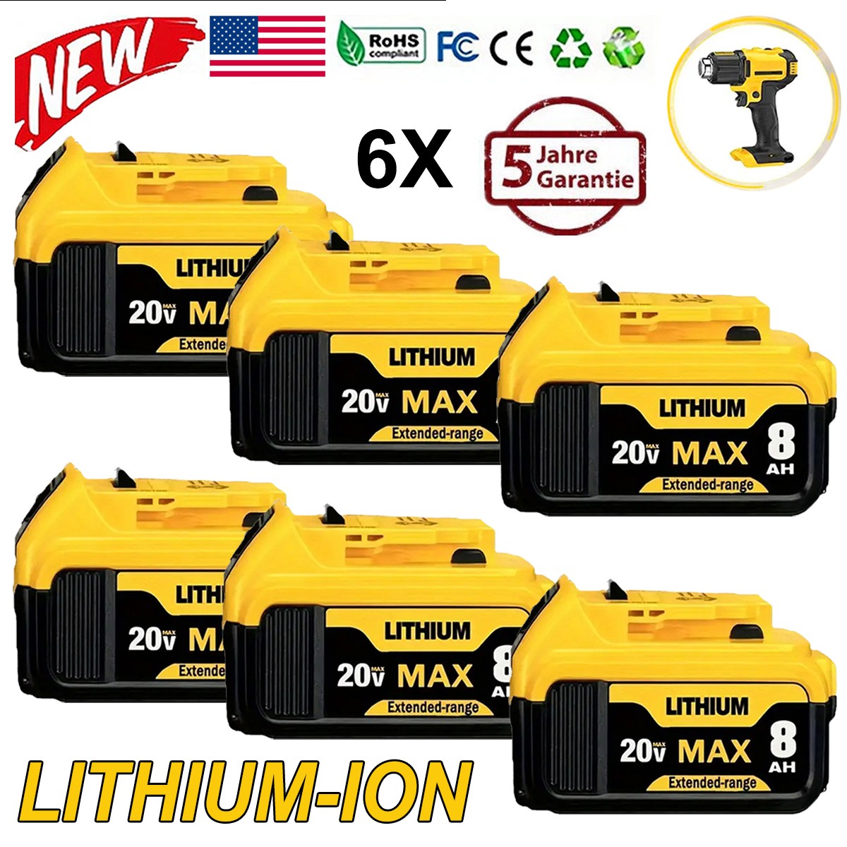 6Pack 20V 20 Volt Max XR 8.0AH Lithium Ion Battery DCB206-2 DCB205-2 For DEWALT
