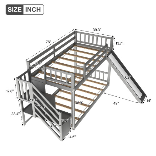 Stairway Wooden Bunk Bed w/ Slide Low Floor Bed for Kids Teens Adults,White/Gray