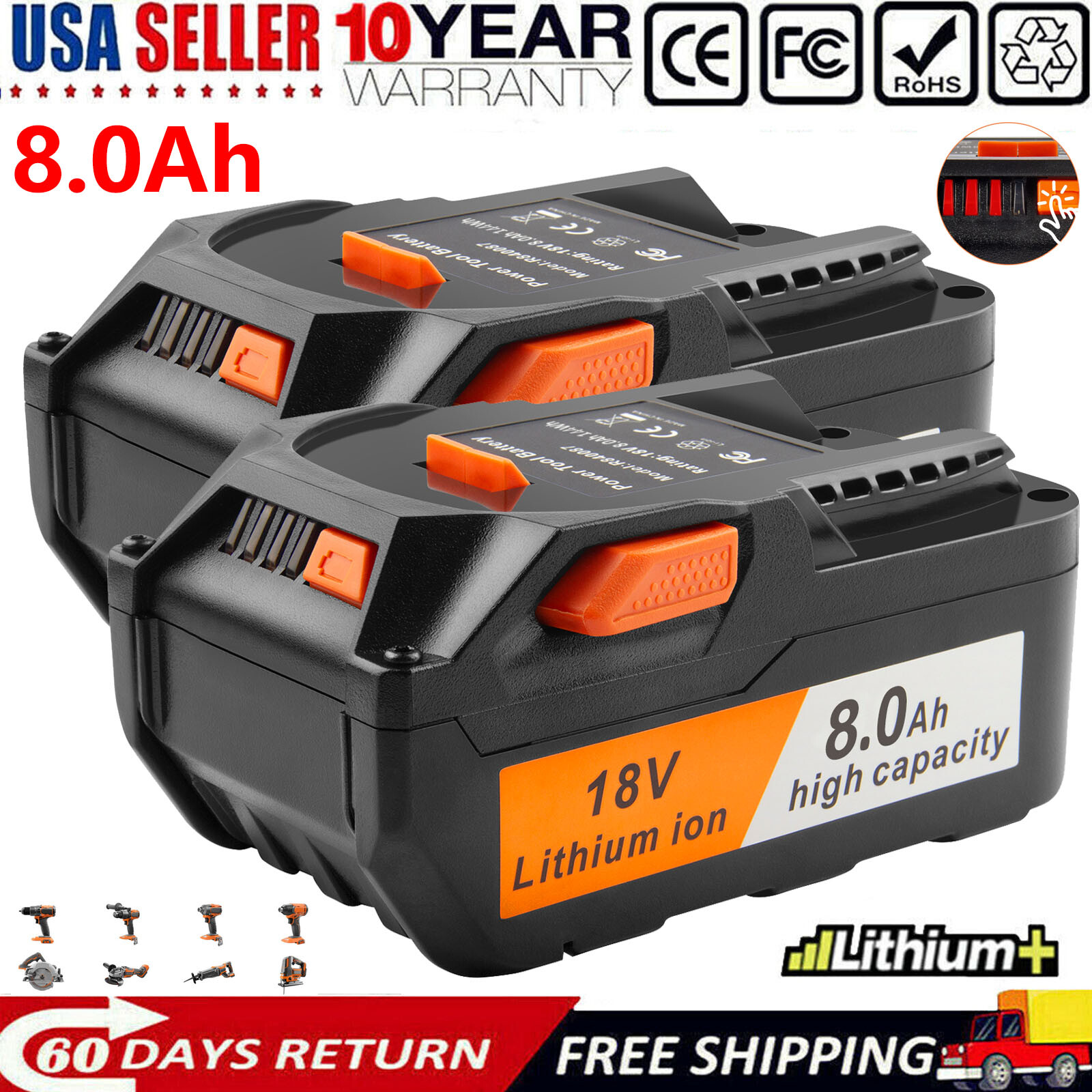 8000mAh for Ridgid 18V Battery 8.0Ah Lithium Power Tool R840083 R840085 R840087