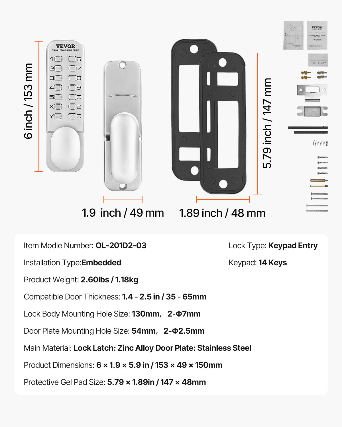 VEVOR Mechanical Keyless Entry Door Lock 14 Key Mechanical Keypad Door Knob