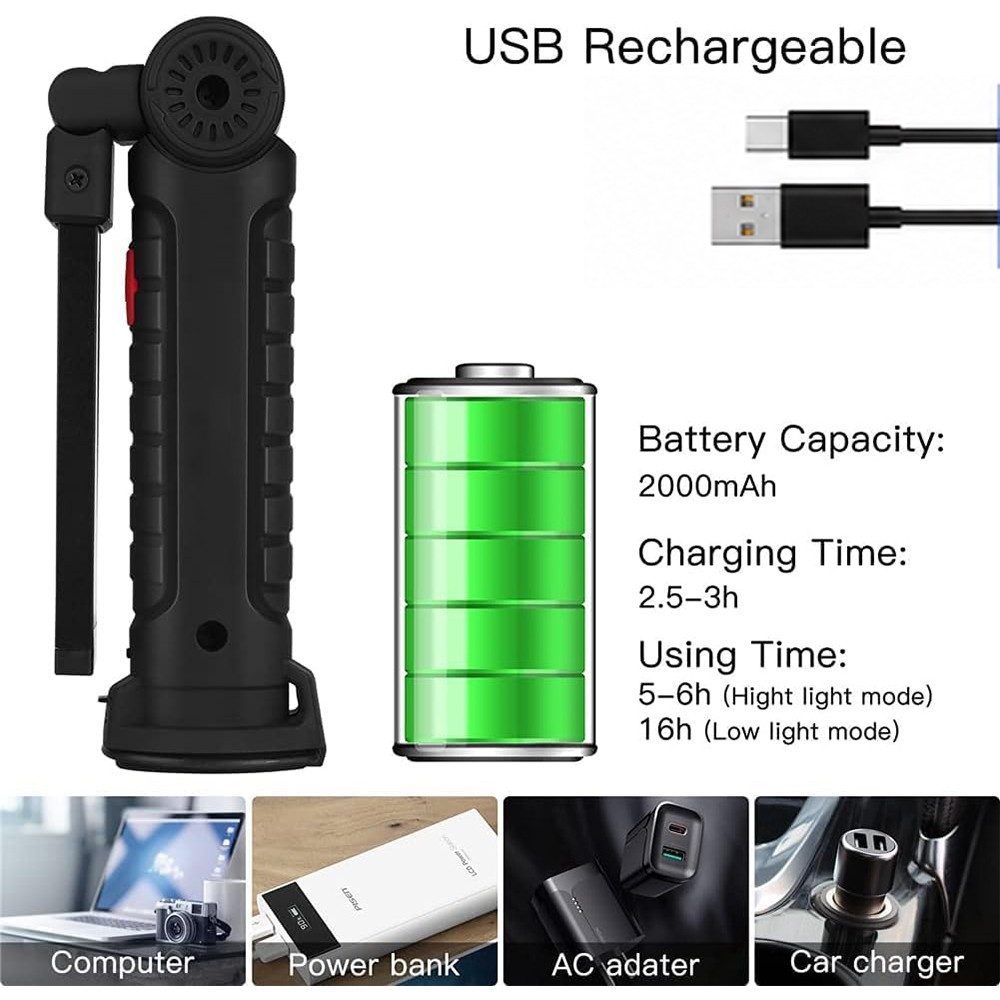 6Pack Rechargeable COB LED Work Light Magnetic Flashlight 360° Rotating Foldable