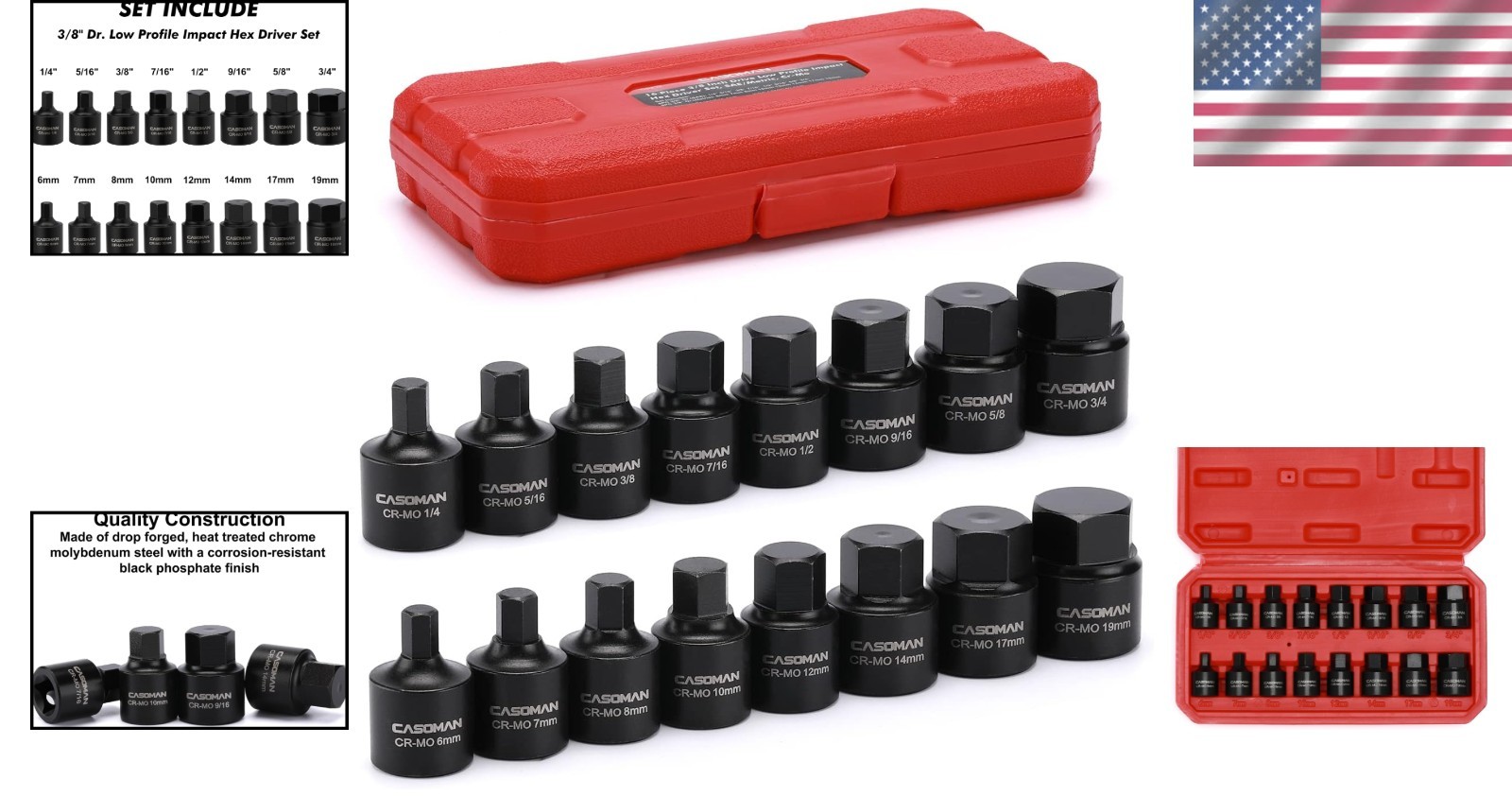 16 Pc Low Profile Impact Hex Driver Set, SAE Metric